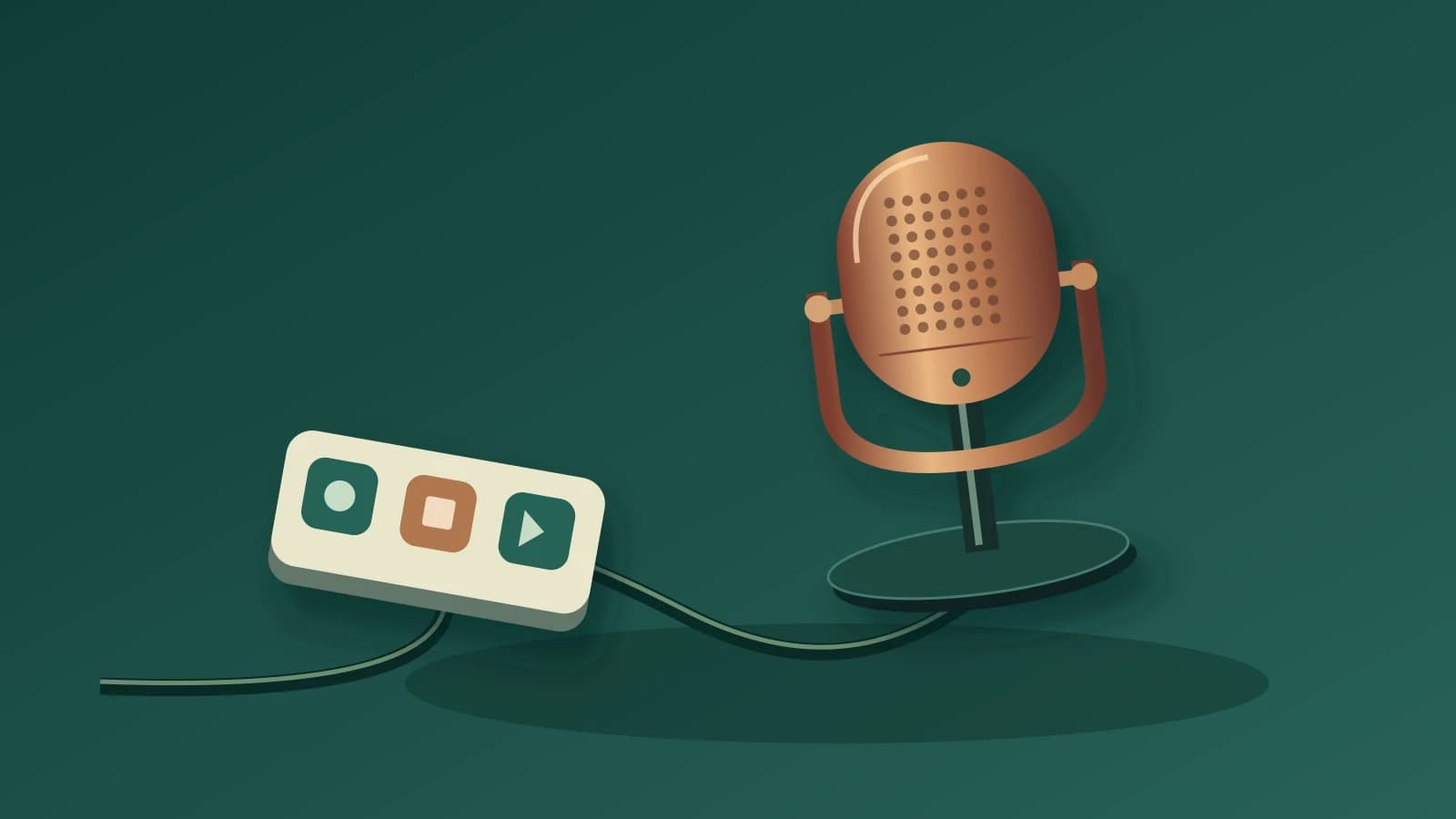 Original illustration of a copper microphone beside a separate three-button control pad