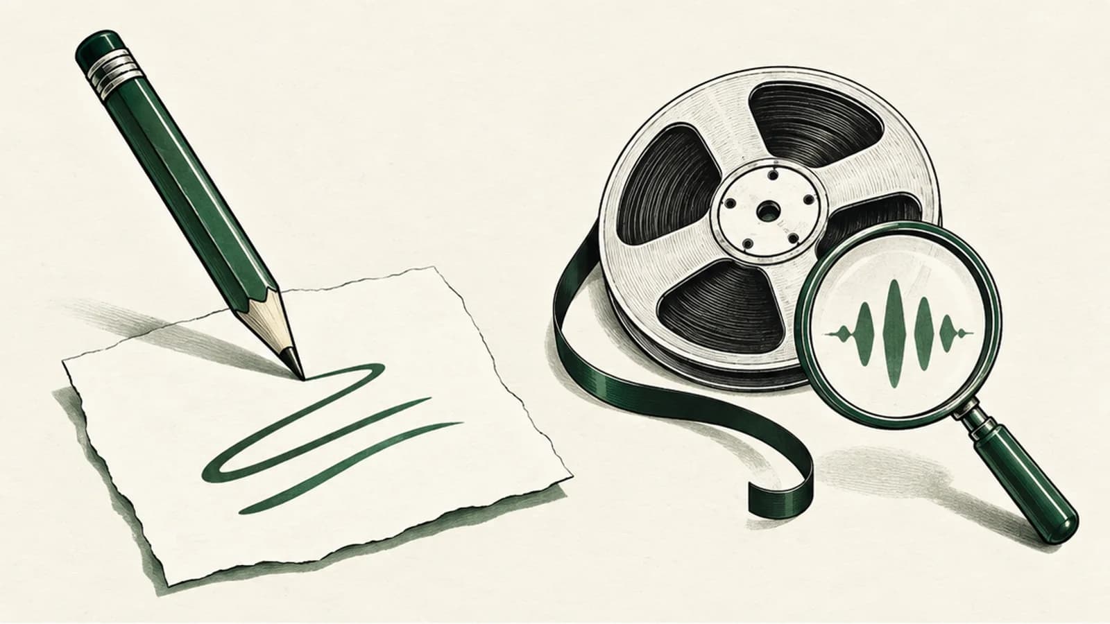 A pencil shaping a draft beside an audio reel and magnifier for checking recorded speech