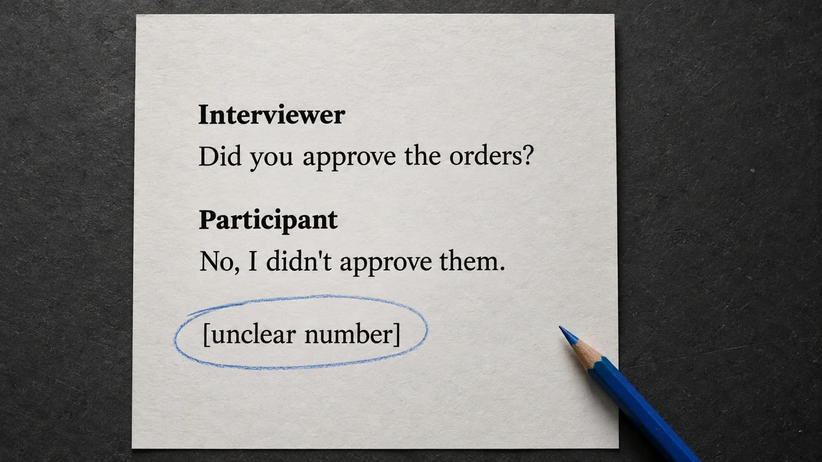 Close-up of an interview transcript with alternating speaker labels and a blue pencil marking an uncertain passage