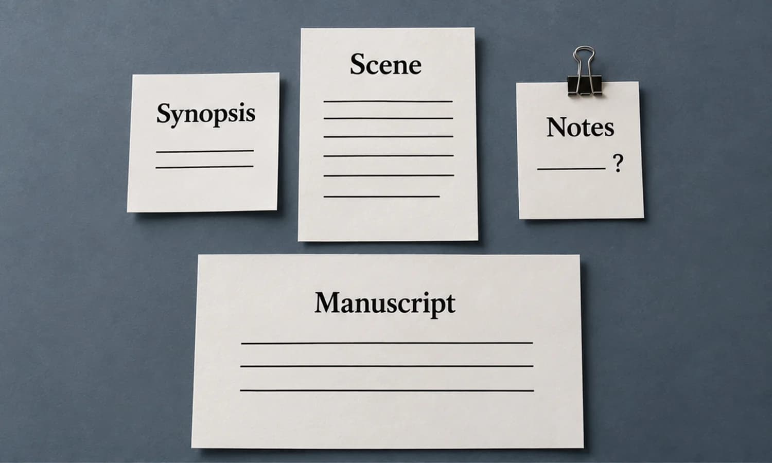 Three scene papers labeled Synopsis, Scene and Notes arranged above a separate manuscript proof.