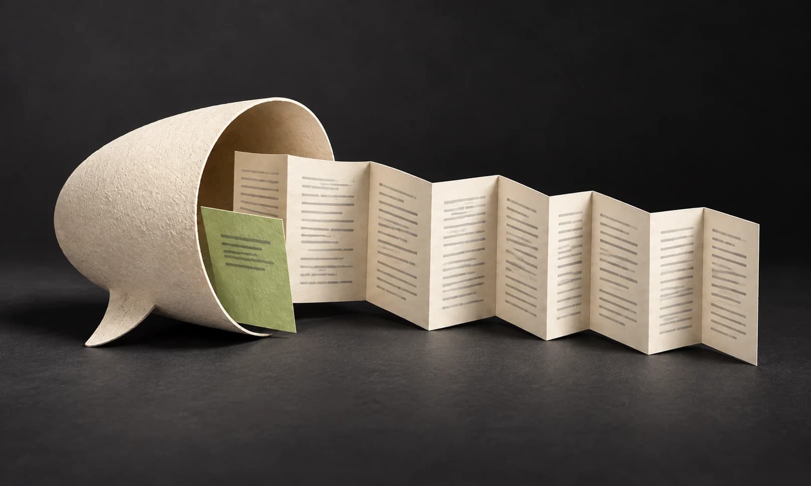 Editorial illustration of a shared conversation opening into a long transcript, with a small summary at its edge