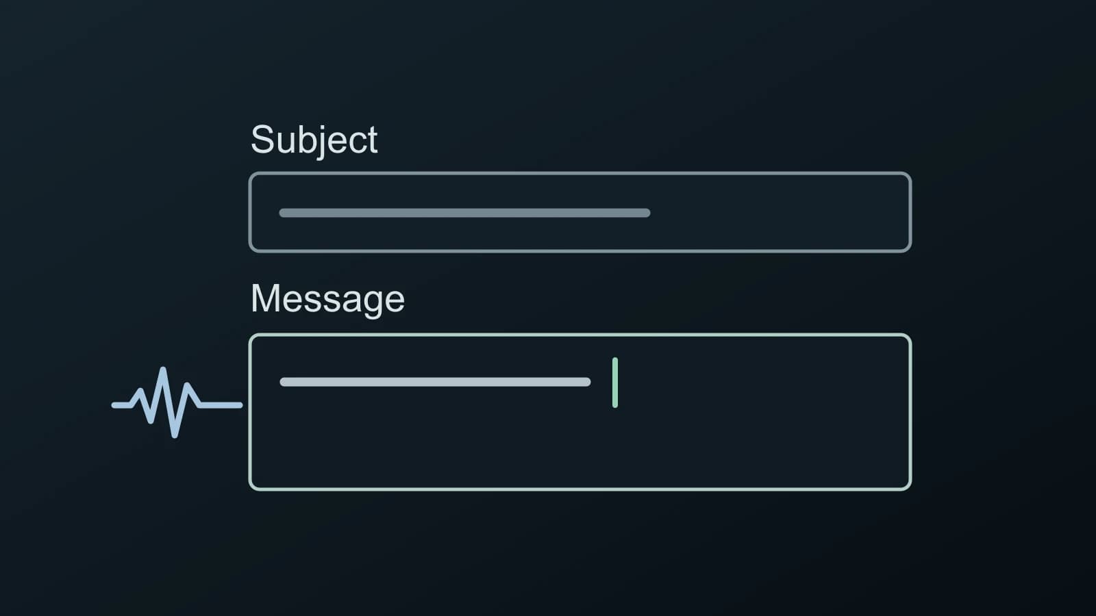 Two illustrated browser form fields labeled Subject and Message, with a speech wave entering Message beside its active cursor.