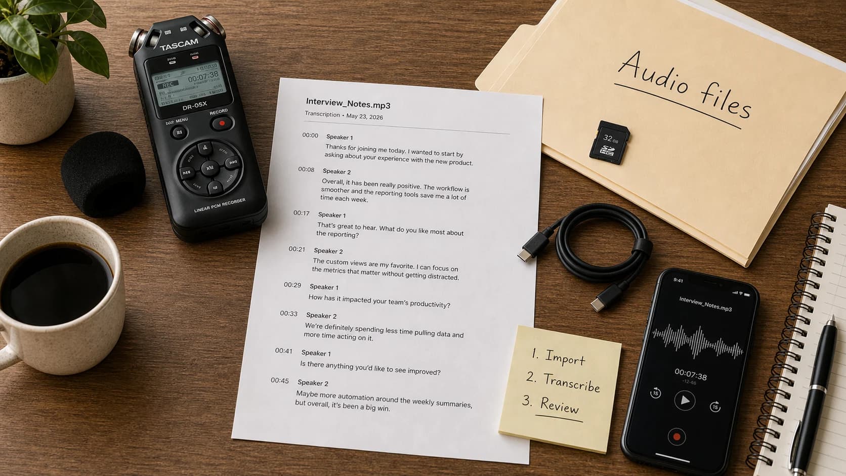 Audio file transcription workflow showing local recording import, local model processing, and reviewed transcript export