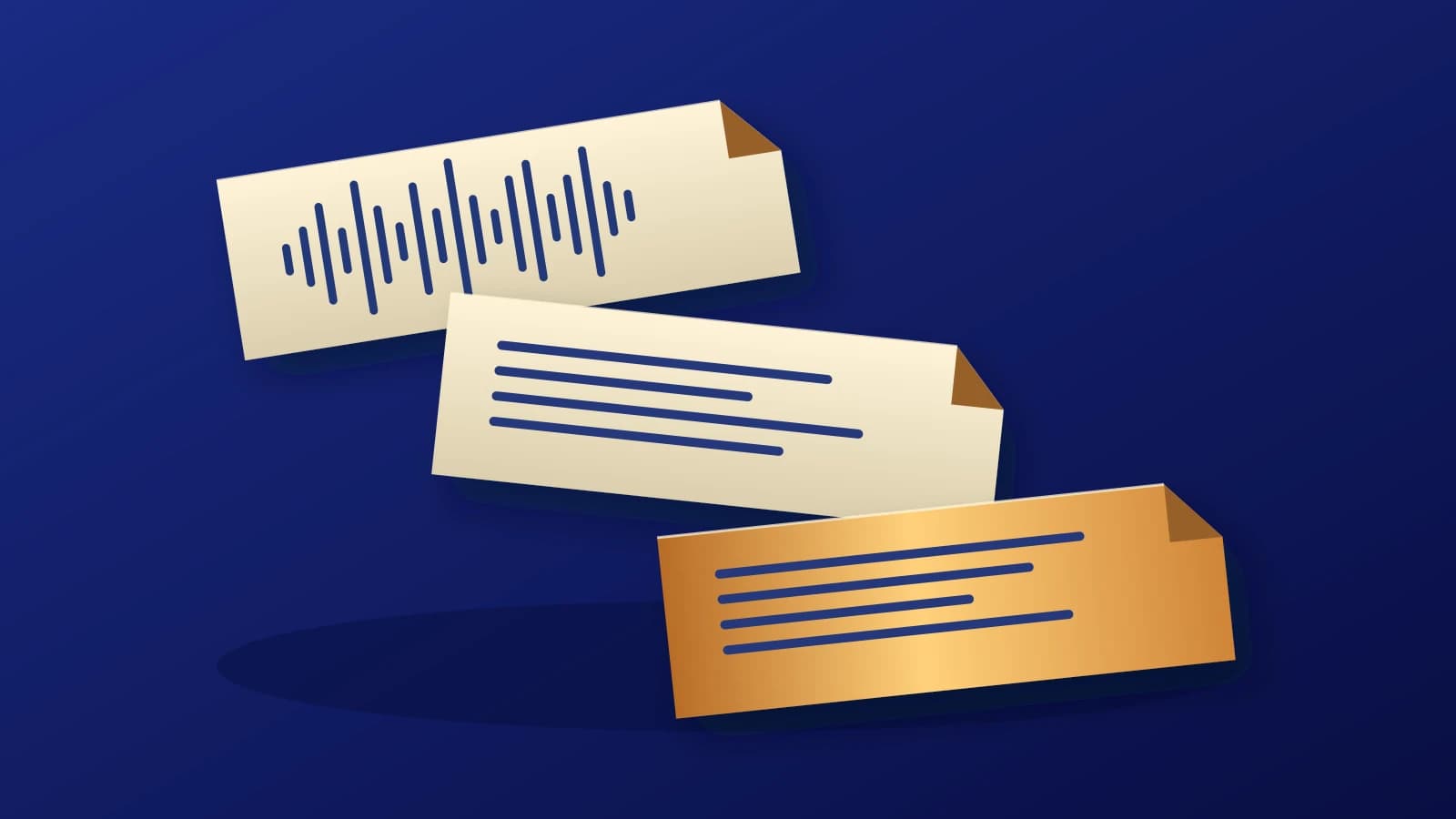Original illustration of folded ribbons carrying an audio wave and two different written-line patterns