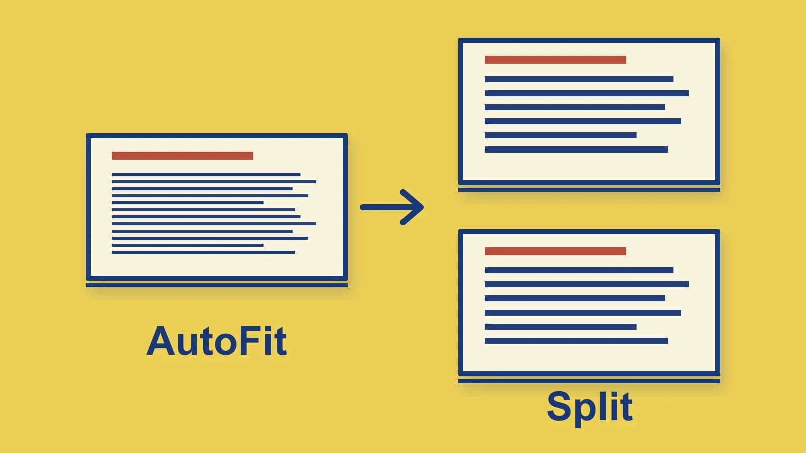 Original illustration of small text in one presentation frame beside two frames with larger text