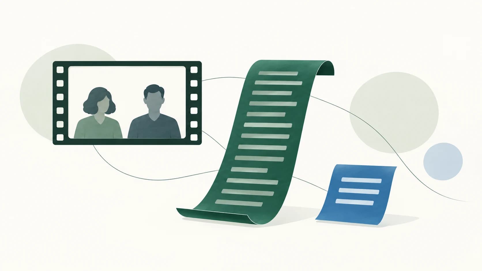 Editorial illustration of a meeting recording, full transcript and shorter summary as separate records