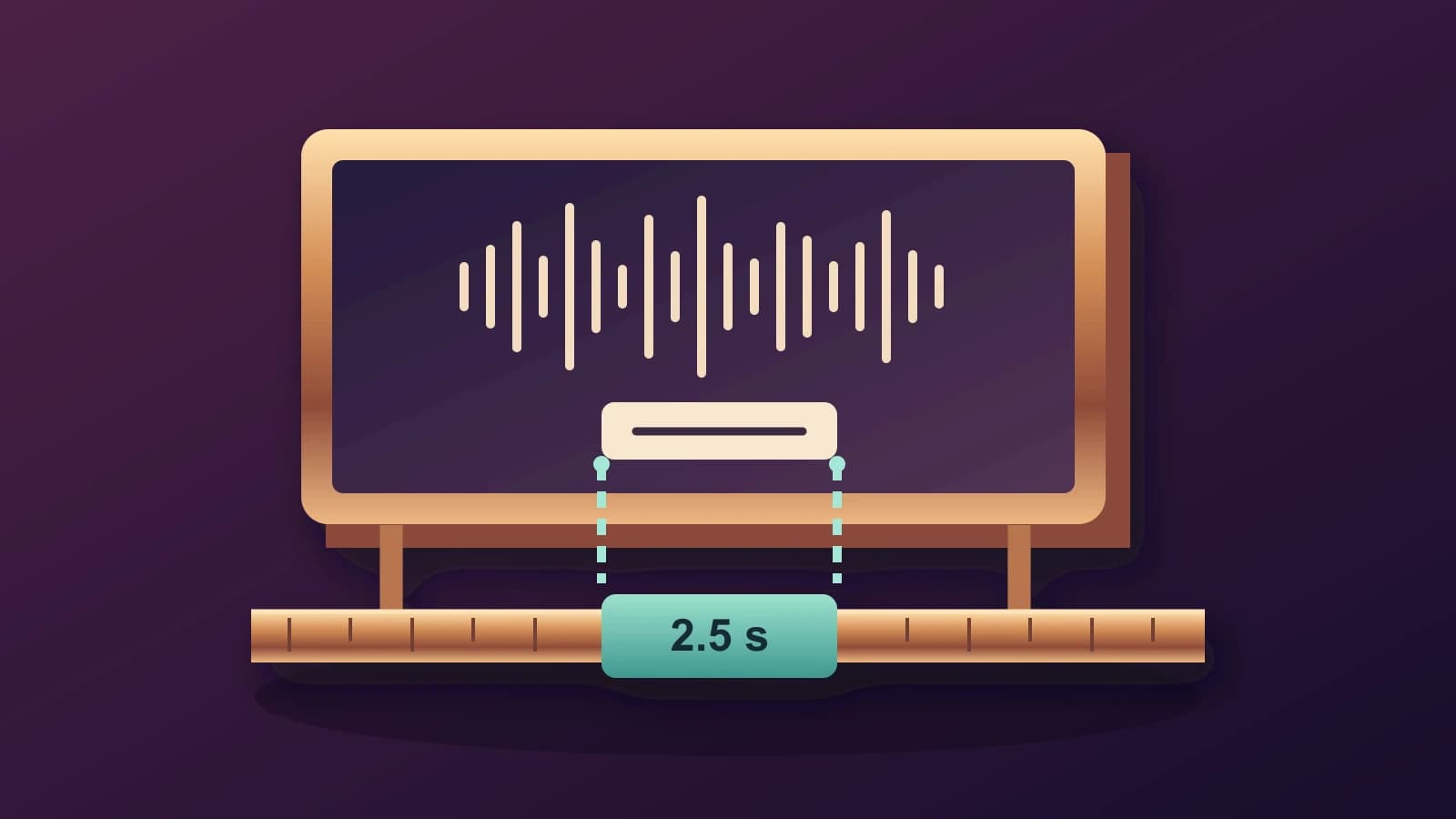 Original illustration of a video frame and a short subtitle tile on a timing rail marked 2.5 seconds