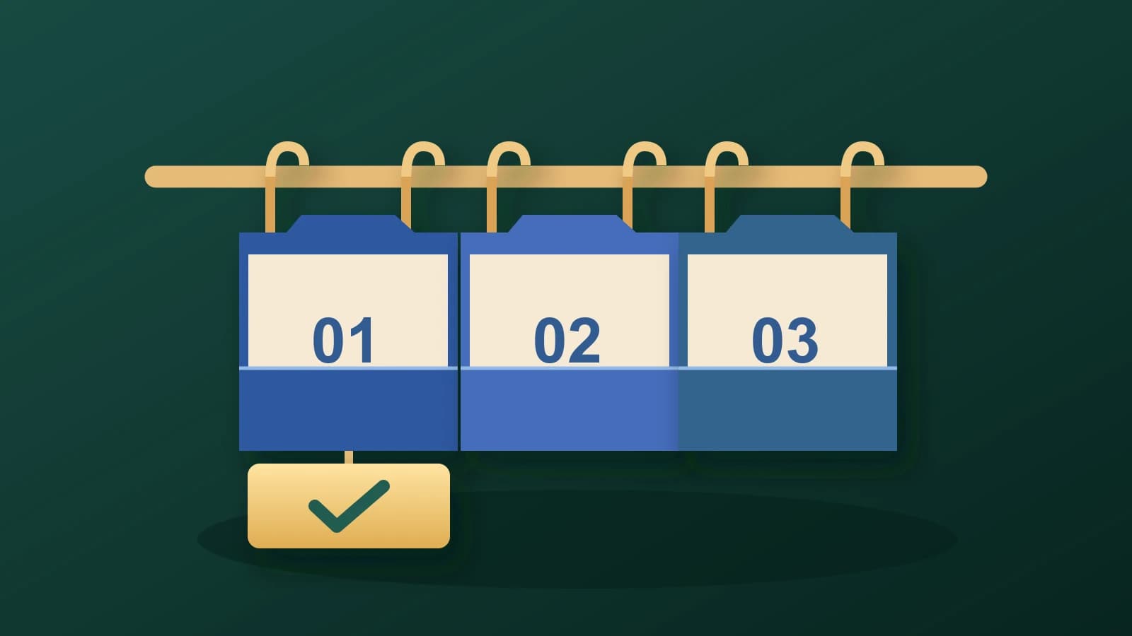 Original illustration of three numbered hanging files and a checked output ticket linked to file01