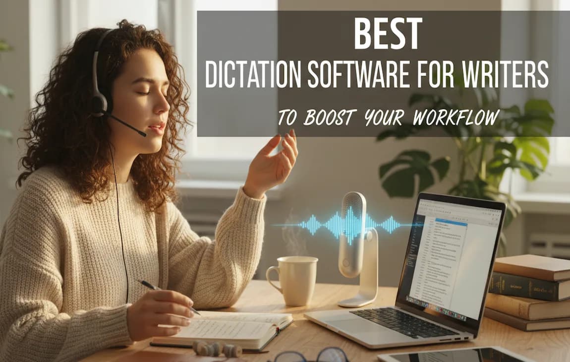 Writer using dictation software to convert speech to text on a laptop