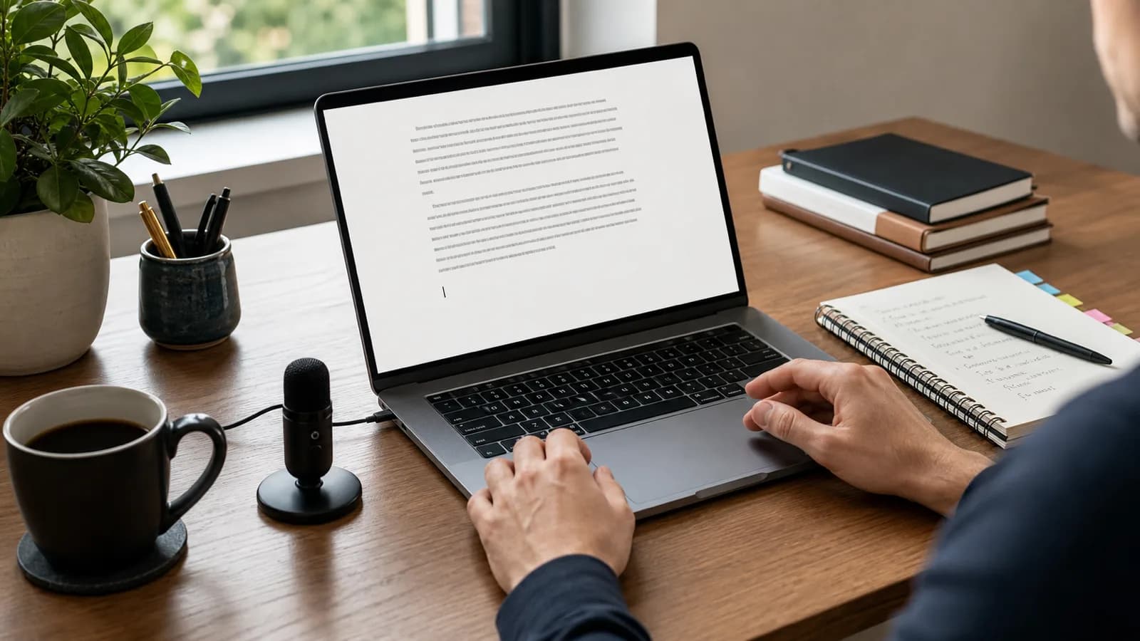 Writer dictating into a laptop draft at a desk with a microphone and outline notes