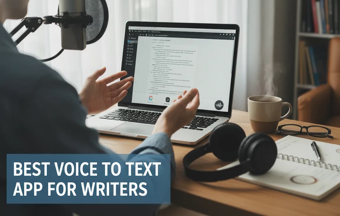 Writer using a voice to text app to draft content faster on a laptop