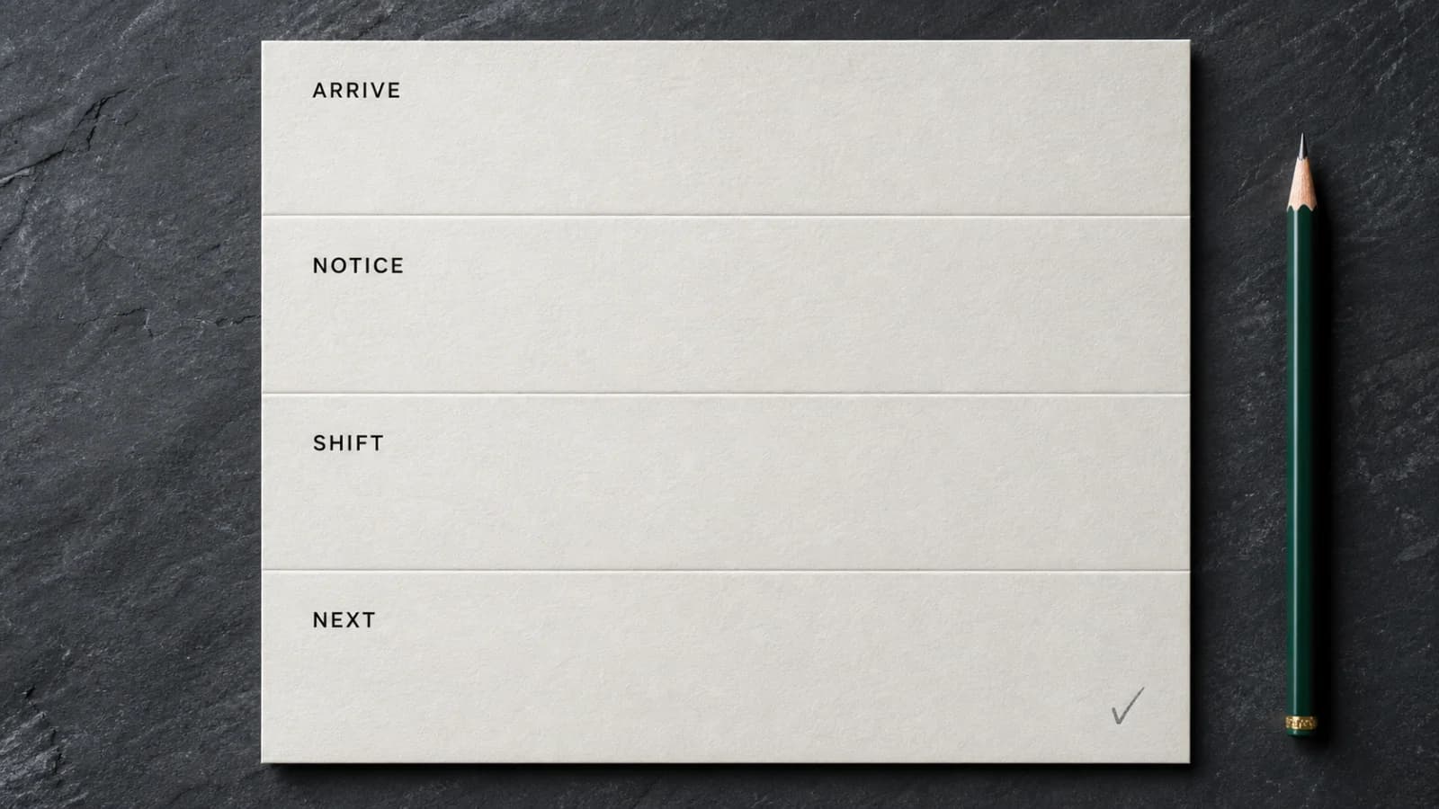 Four-part voice journaling workflow labeled Arrive, Notice, Shift, and Next on an abstract paper journal