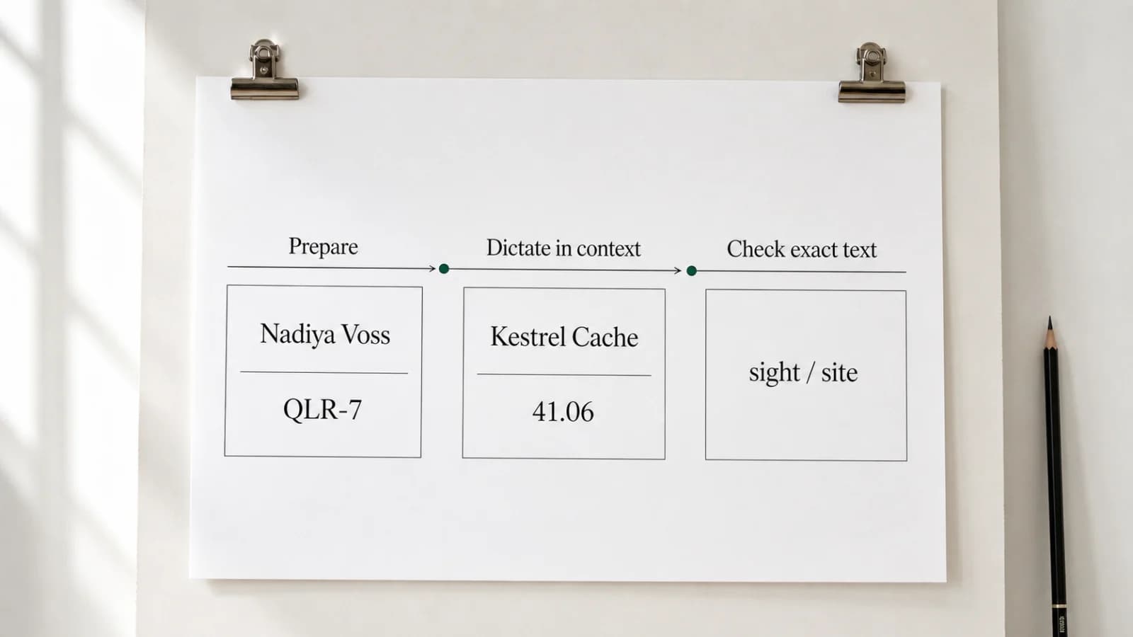Terminology verification worksheet with prepare, dictate in context, and check exact text stages