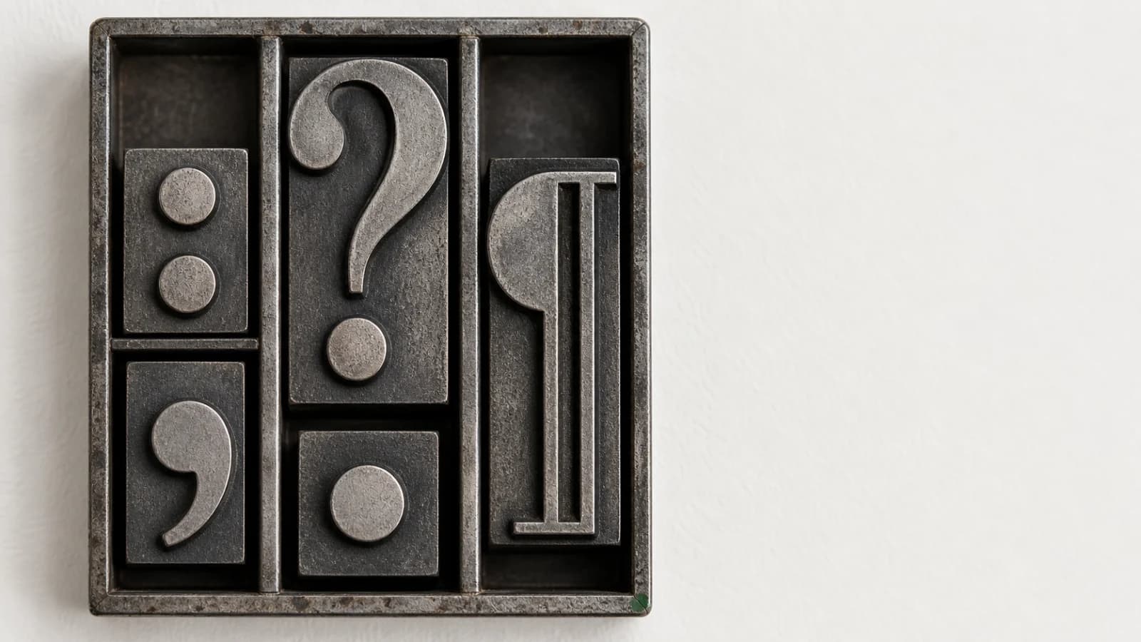 Letterpress punctuation marks arranged for an Apple Dictation and review workflow