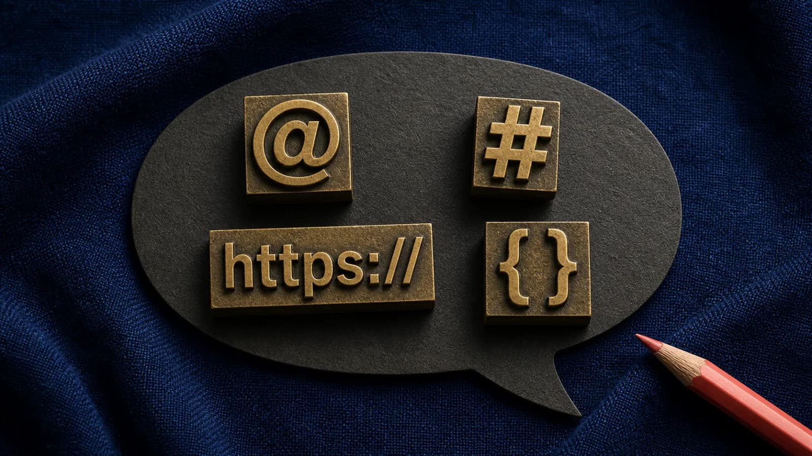 Tactile speech bubble with brass at-sign, channel, URL, and code-brace blocks beside a red review pencil