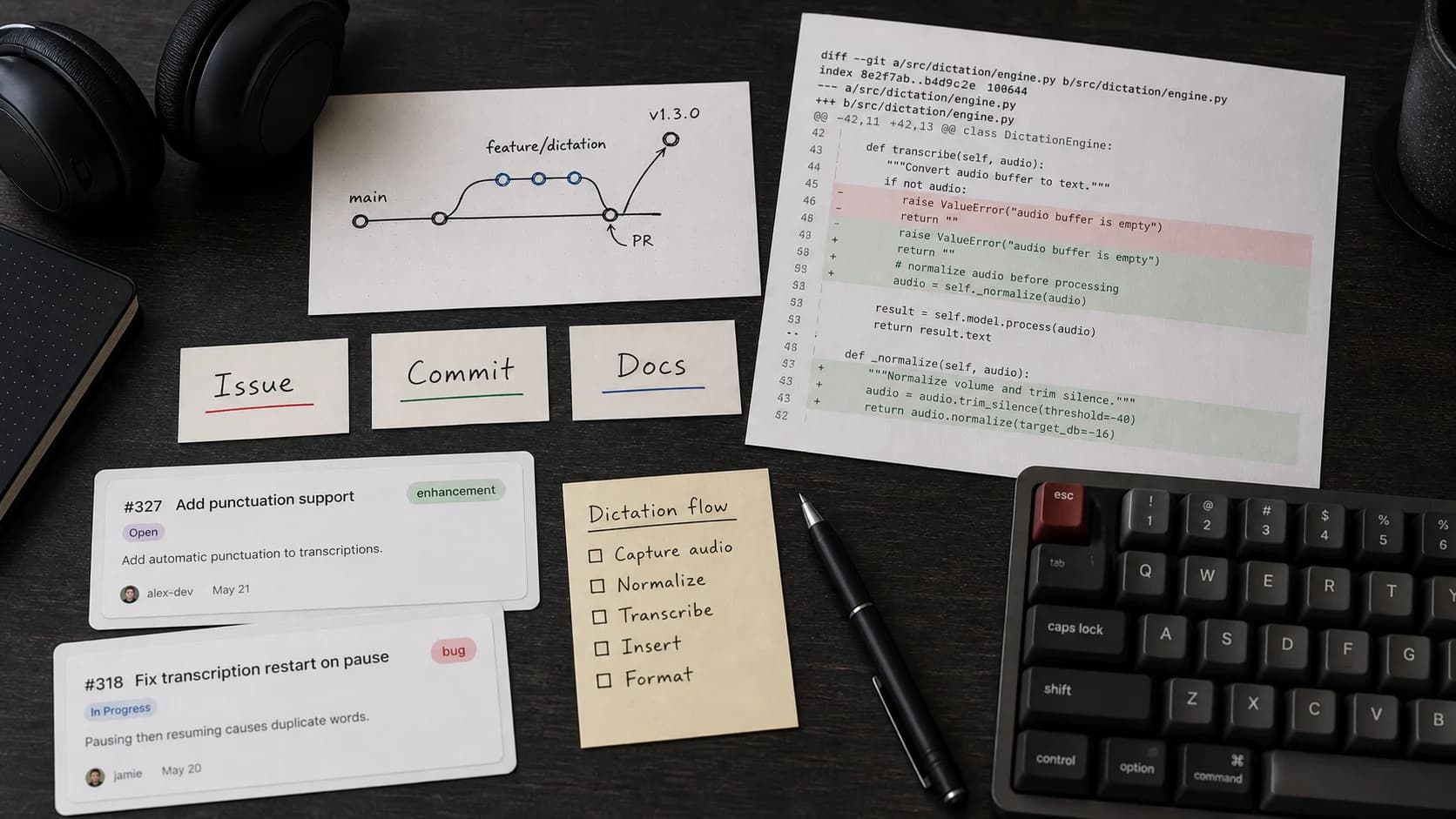 Mac developer dictation workflow for issue notes, PR summaries, documentation drafts, and prompts