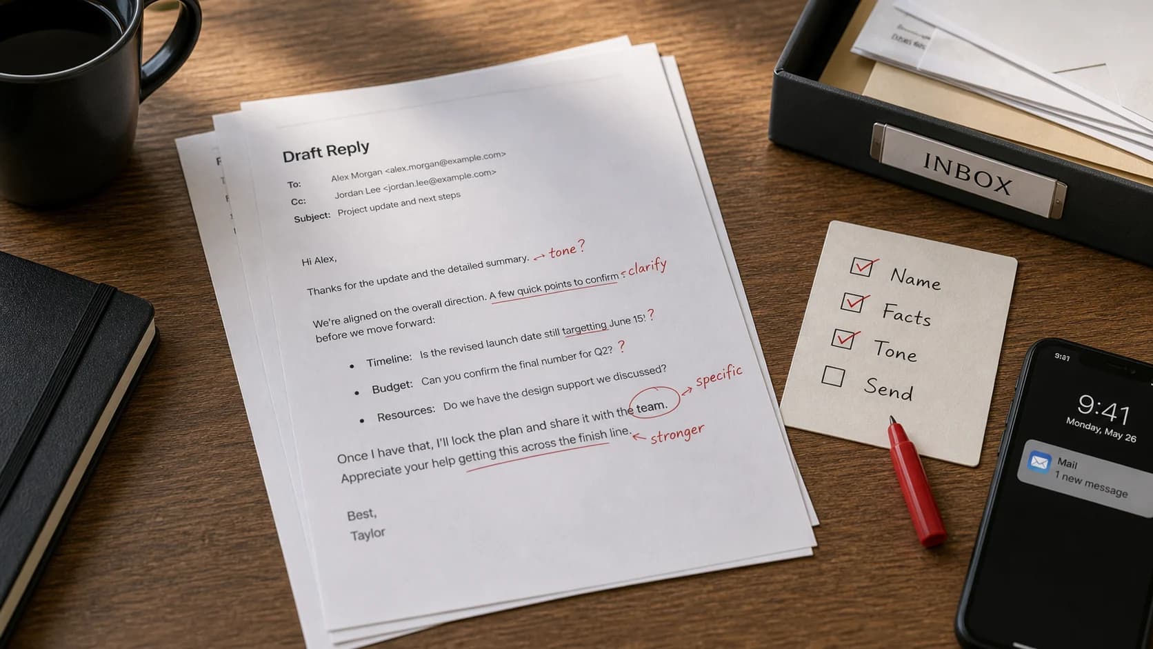 Email dictation workflow from inbox to rough reply, tone pass, and reviewed draft