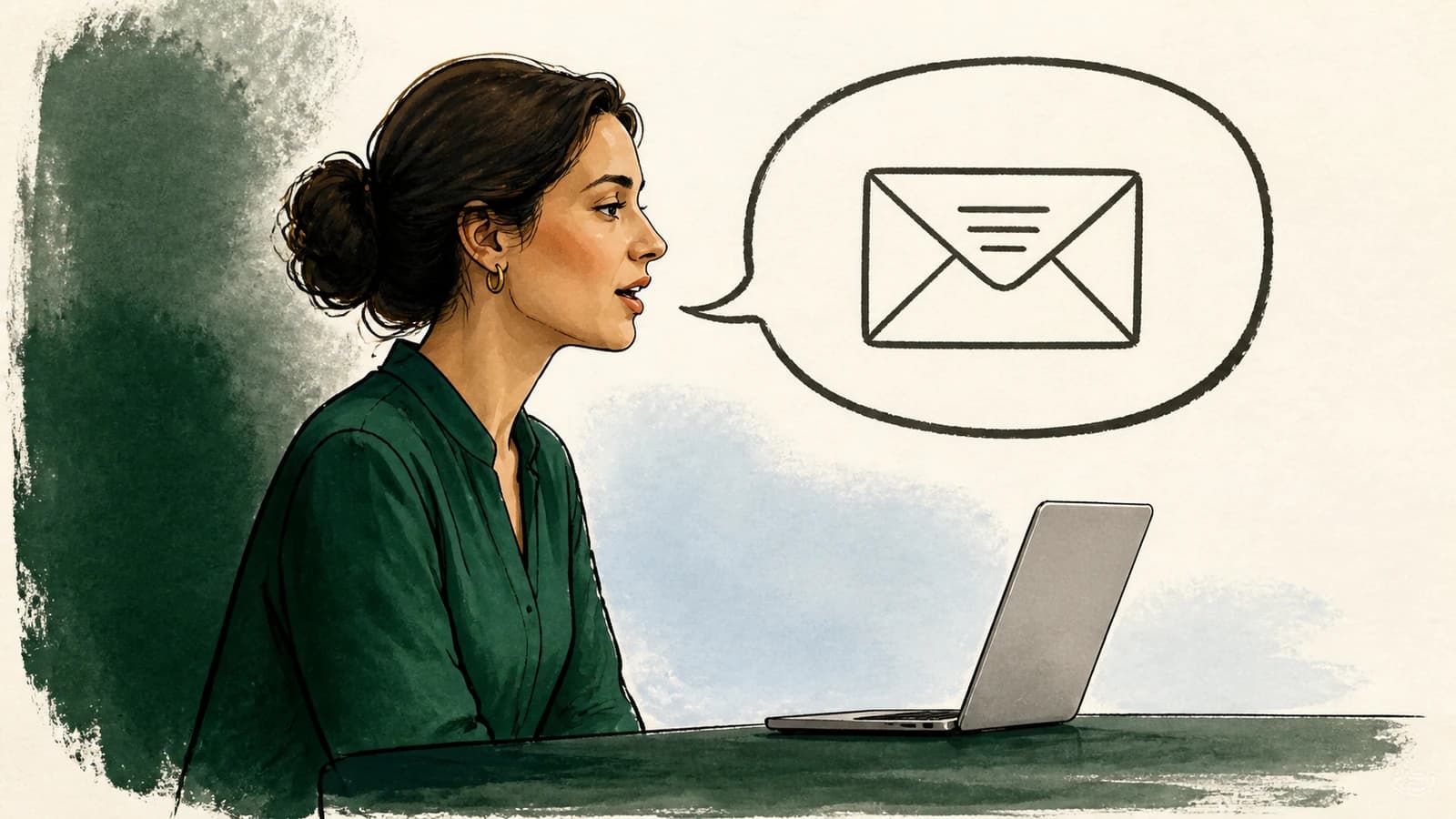 Illustration of a woman speaking beside a laptop, with an email envelope inside her speech bubble