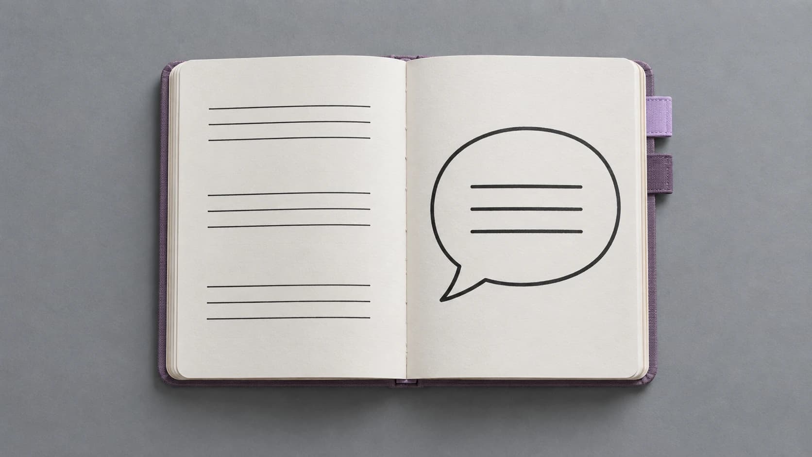An open tabbed notebook pairs a speech symbol with lines of notes.