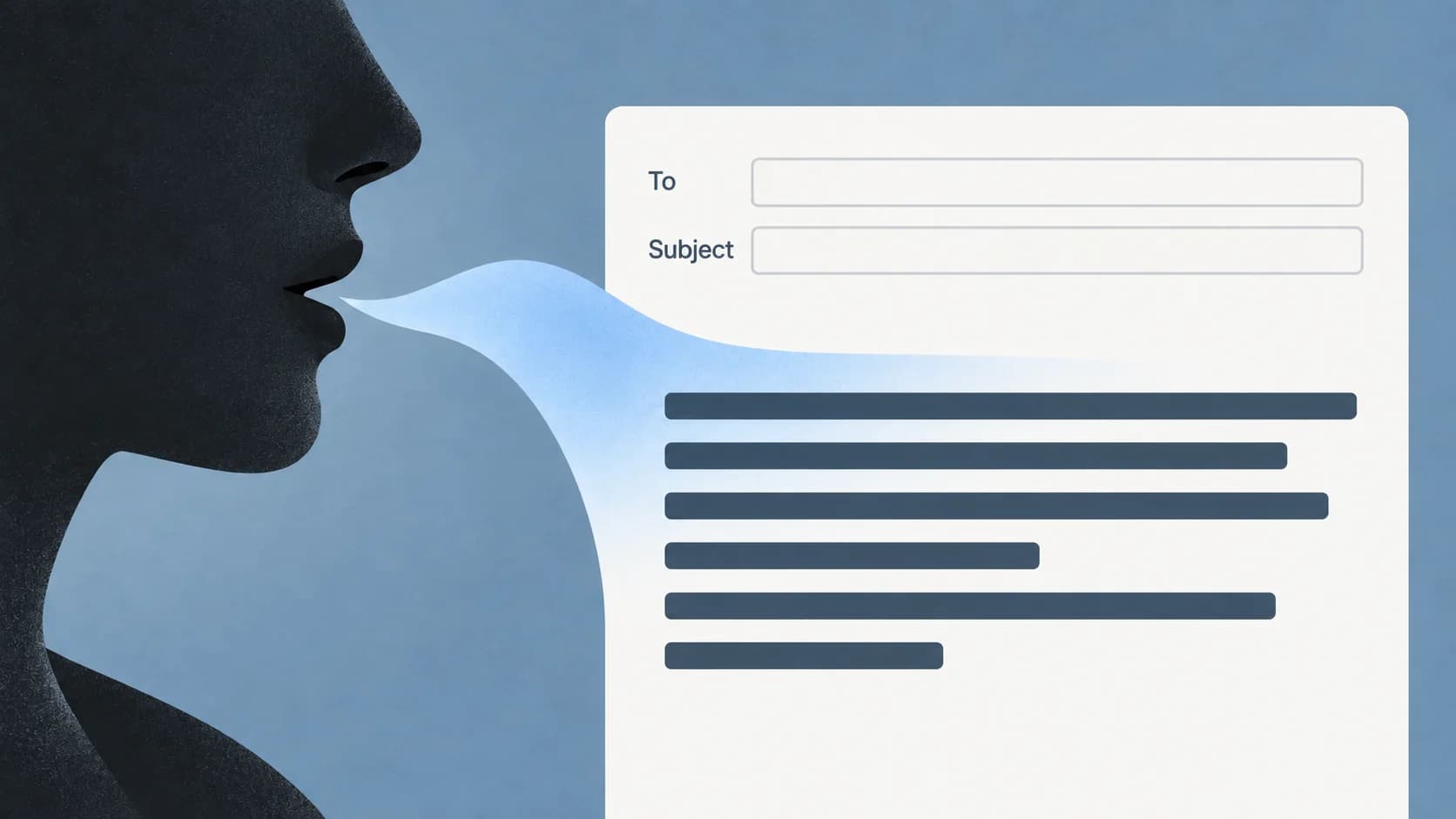 An editorial illustration connects a speaking profile to an email draft with a blank recipient line