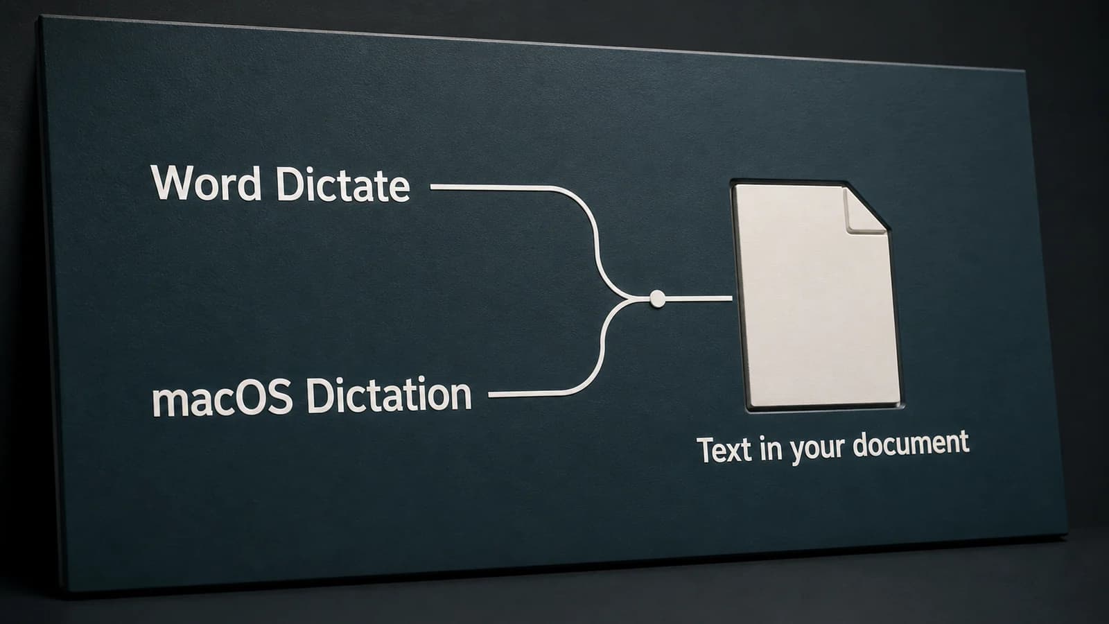 A dark teal diagram panel with separate Word Dictate and macOS Dictation routes leading to one document