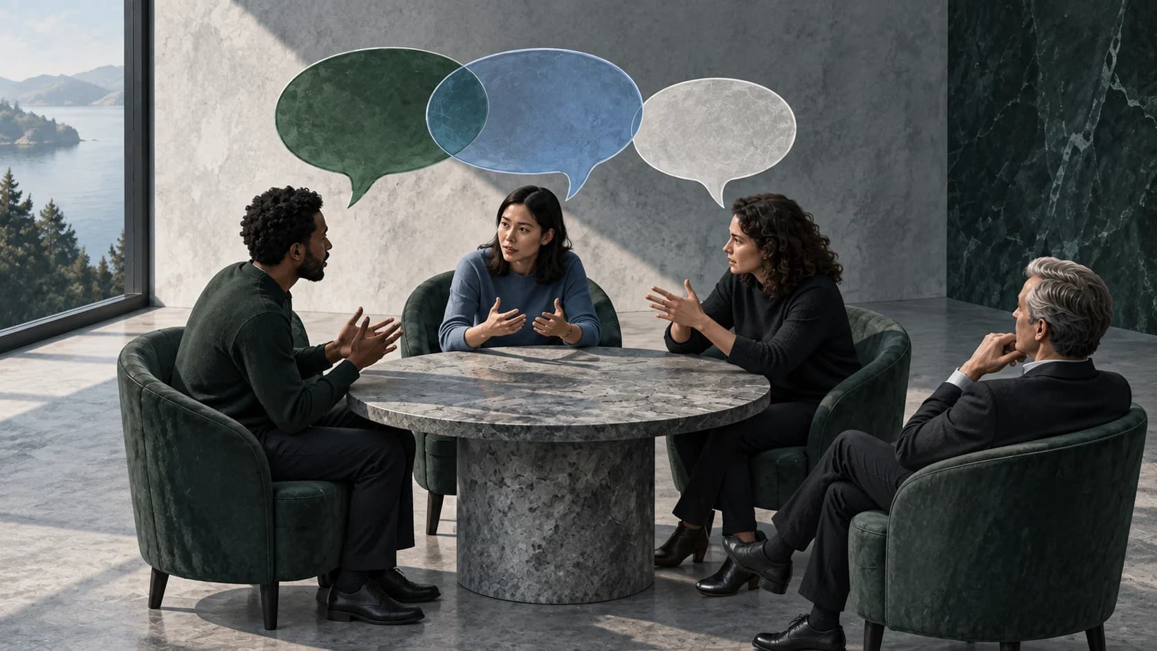 Illustrated group discussion with three participant speech shapes and a moderator, including two overlapping contributions