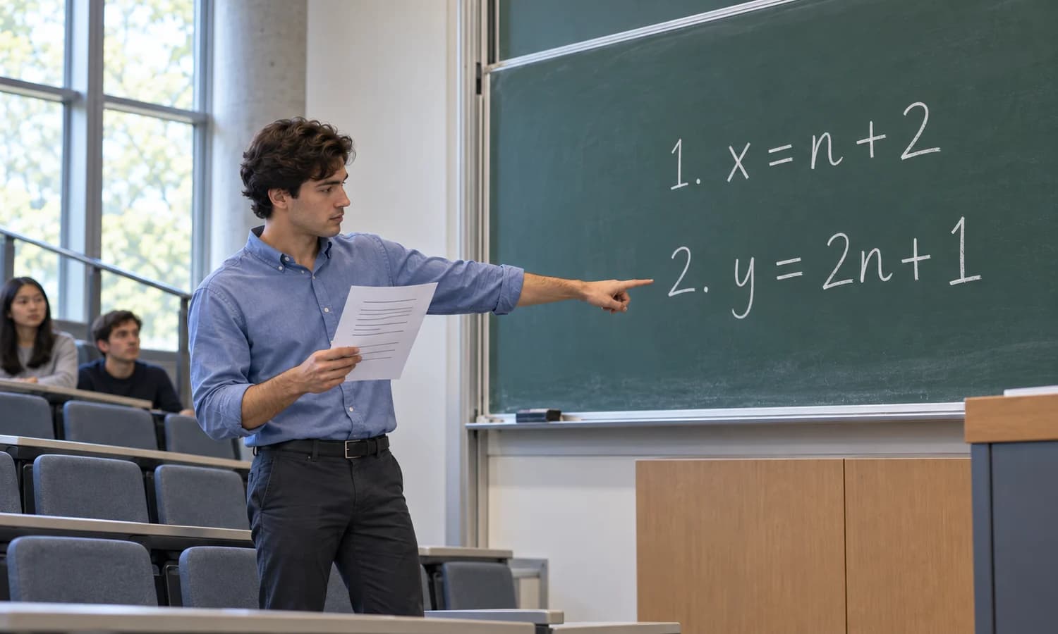 A student compares a printed transcript with two equations on a lecture-room board.