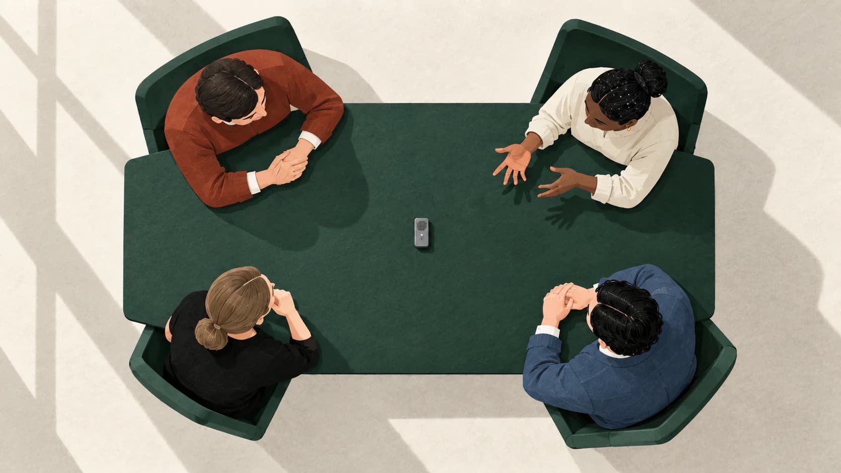 Overhead editorial illustration of people around a shared meeting table with a small recorder at its center