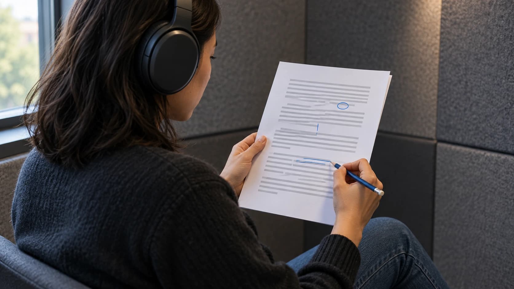 A headphone-wearing listener reviews and marks an episode transcript.