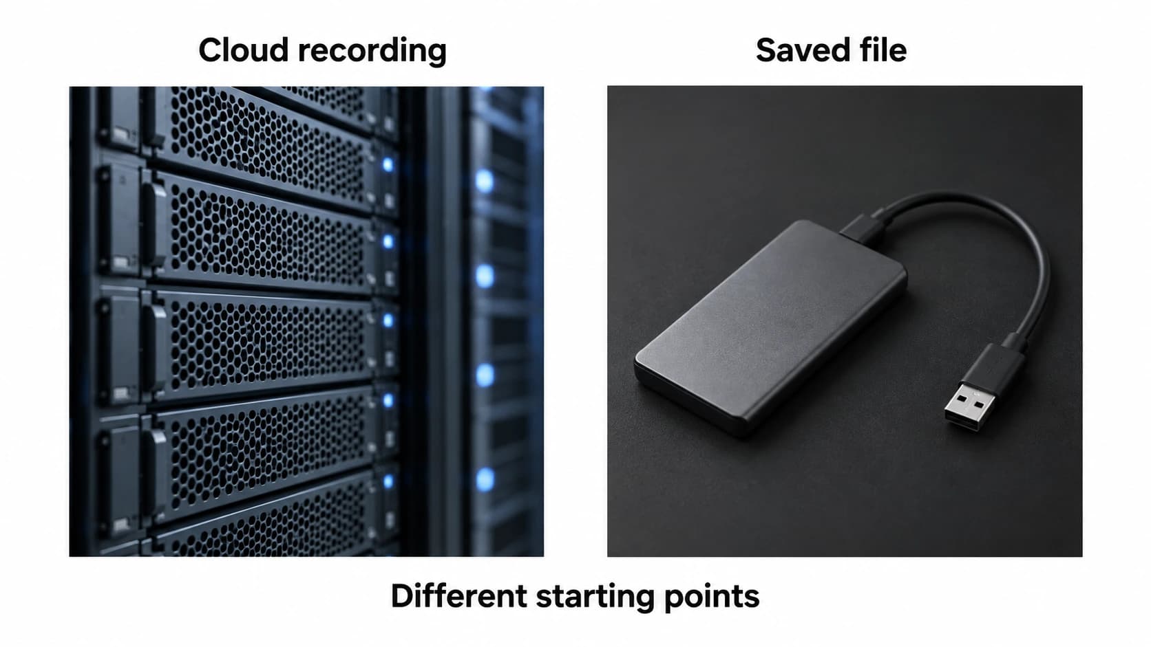 Cloud recording and saved-file storage are shown as separate starting points.
