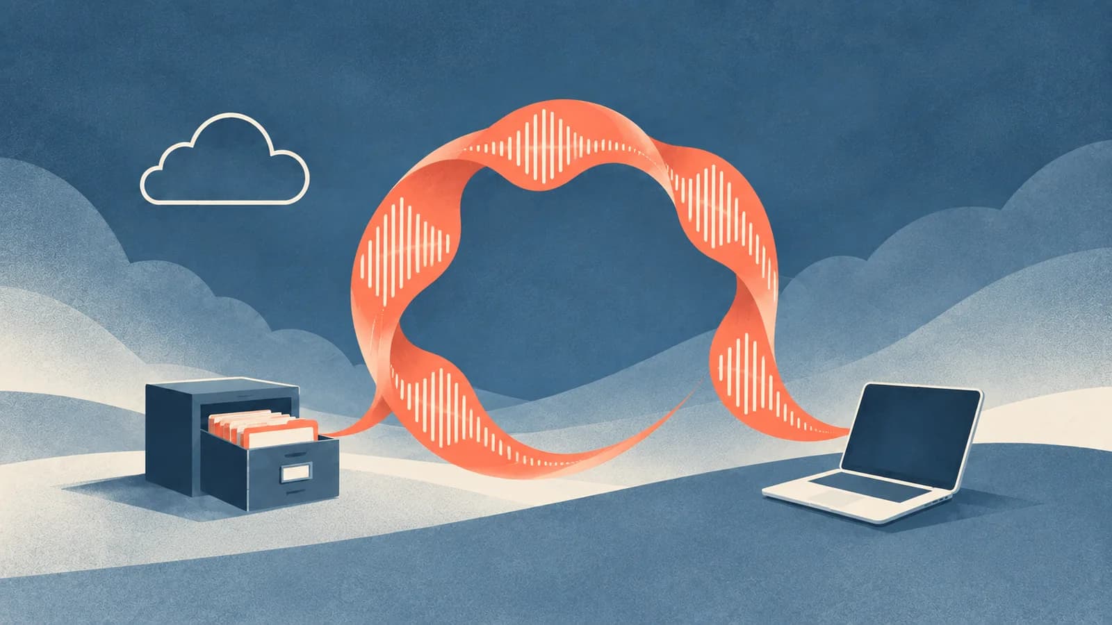Coral speech ribbon beside a laptop, cloud outline, and separate history drawer