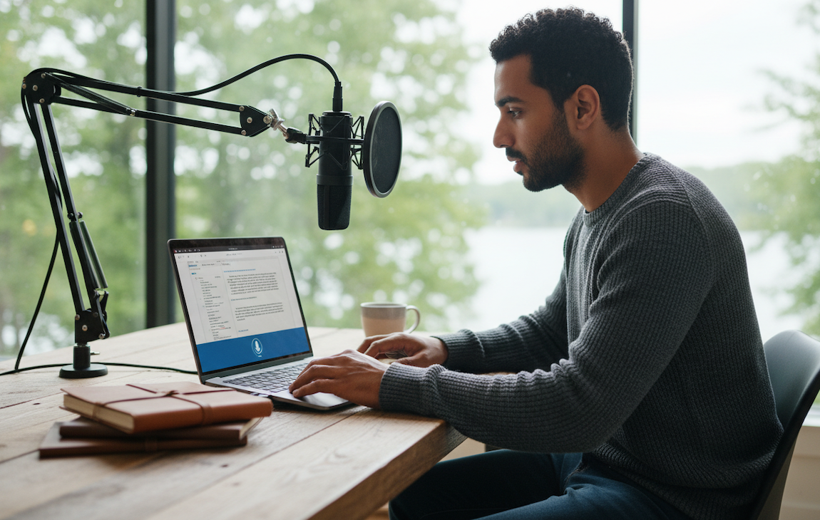 Writer using voice-to-text app to draft content on a laptop